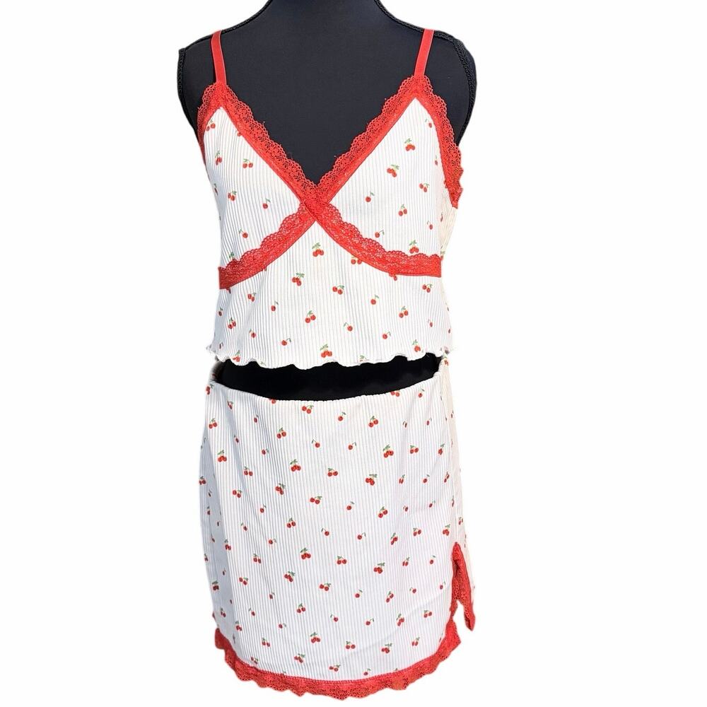 H&M Divided Cherry Print Lace Trim Top Skirt Set Y2K Mix Sizes L M crop top mini